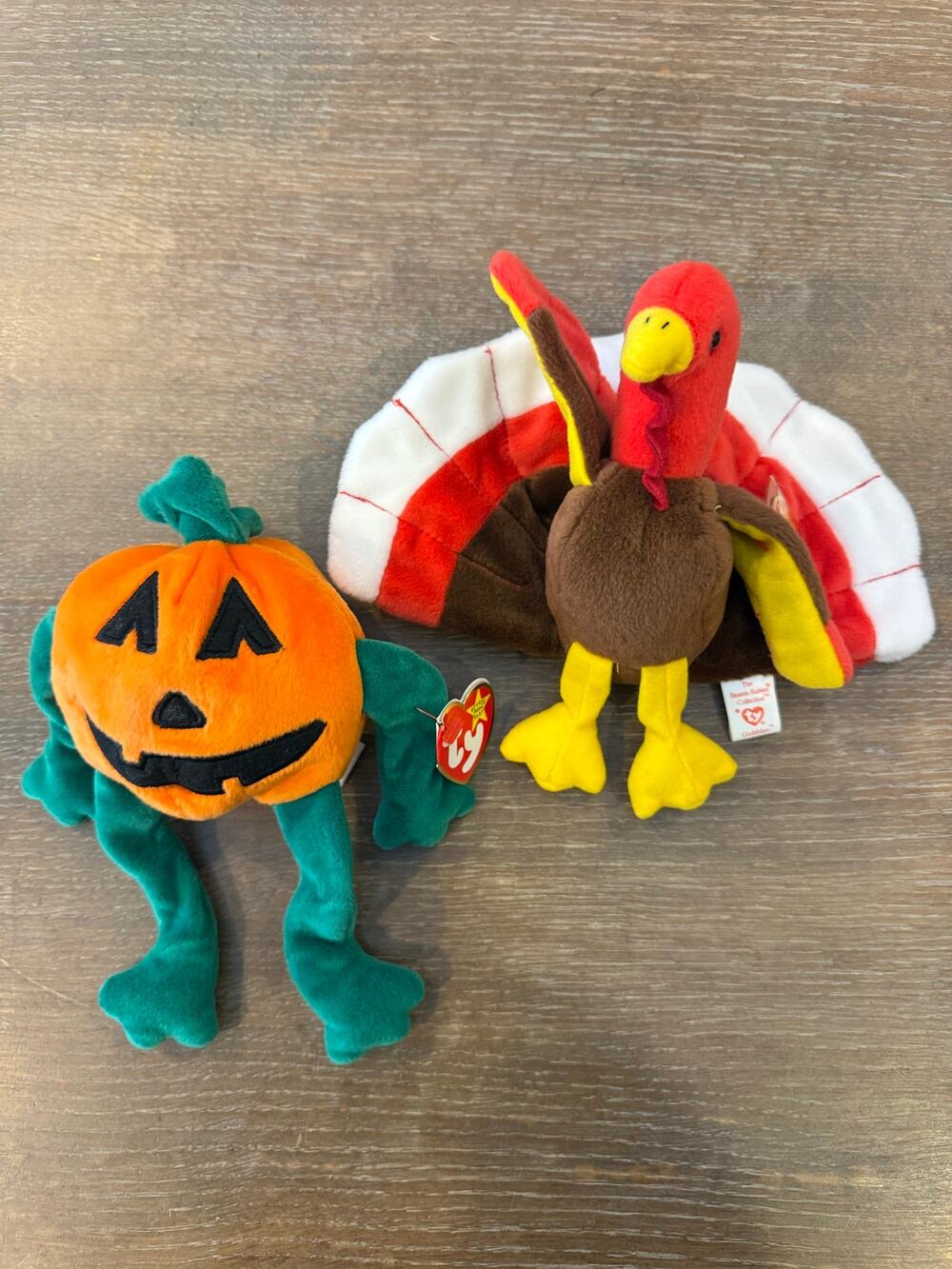 90s TY Beanie Babies Pumkin + Gobbles Exc Cond Halloween Thanksfiving '96 '98